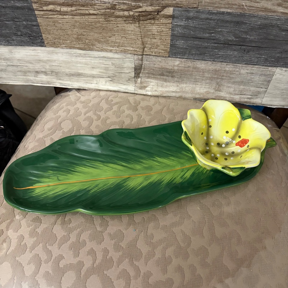 Pier 1 Imports Banana Leaf Serving Platter and Yellow Flower Dip Bowl Set